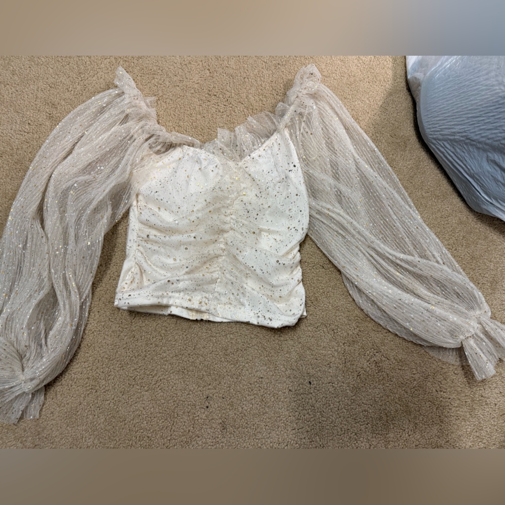White Glittery Strapless Top with Sheer Sleeves